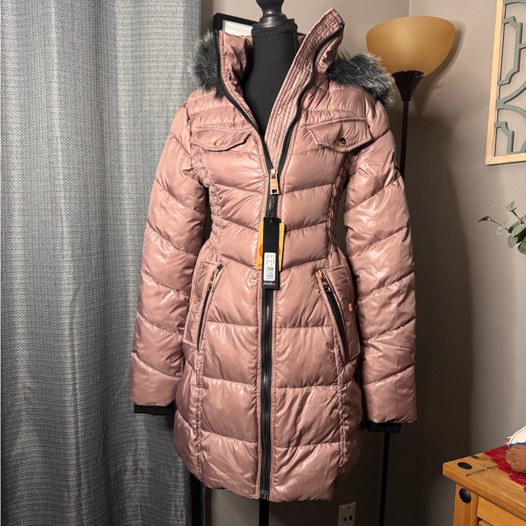 Nicole Miller Mauve Puffer Jacket With Faux Fur Trim